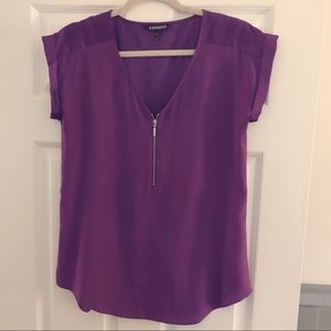 Express Silky Zip Front Rolled Sleeve Blouse